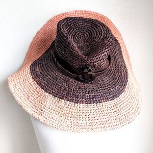 Juicy Couture Floppy Straw Hat 🥰 Chocolate Brown & Peachy Nude Pink w/ Leather